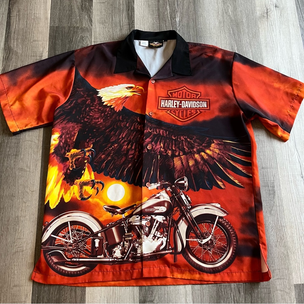 Harley-Davidson Vintage Y2K Eagle & Motorcycle Button-Up Shirt all over print